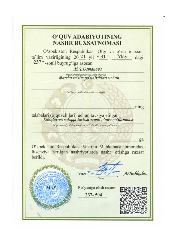 Soliq va soliqqa tortish, Usmanova M.